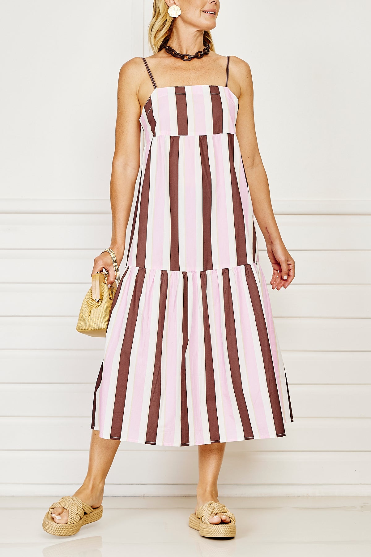 Pondicherry Maxi Sun Dress - Pink & Choc stripe