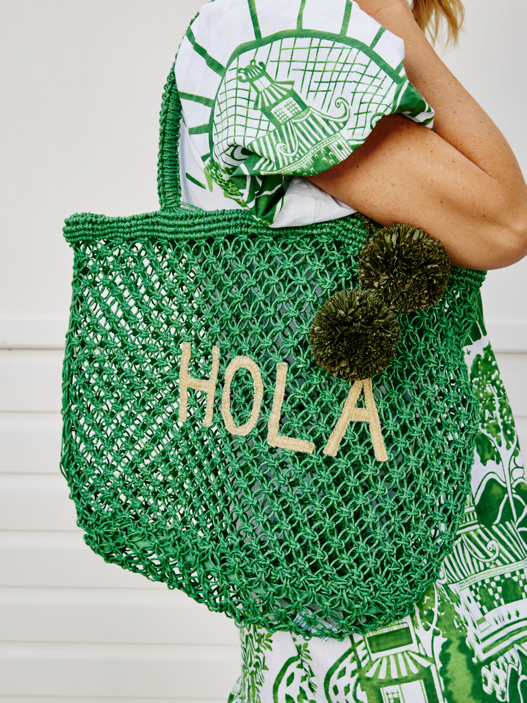 Macramé Tote - Hola with Green Poms