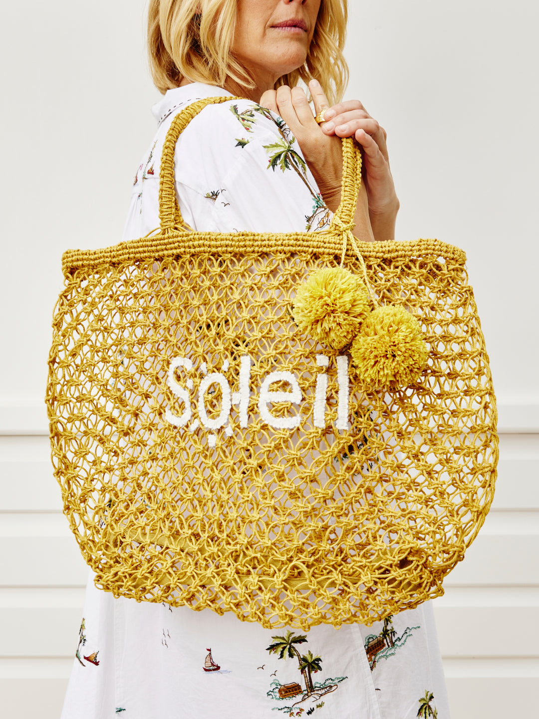 Macramé Tote - Soleil with Yellow Poms