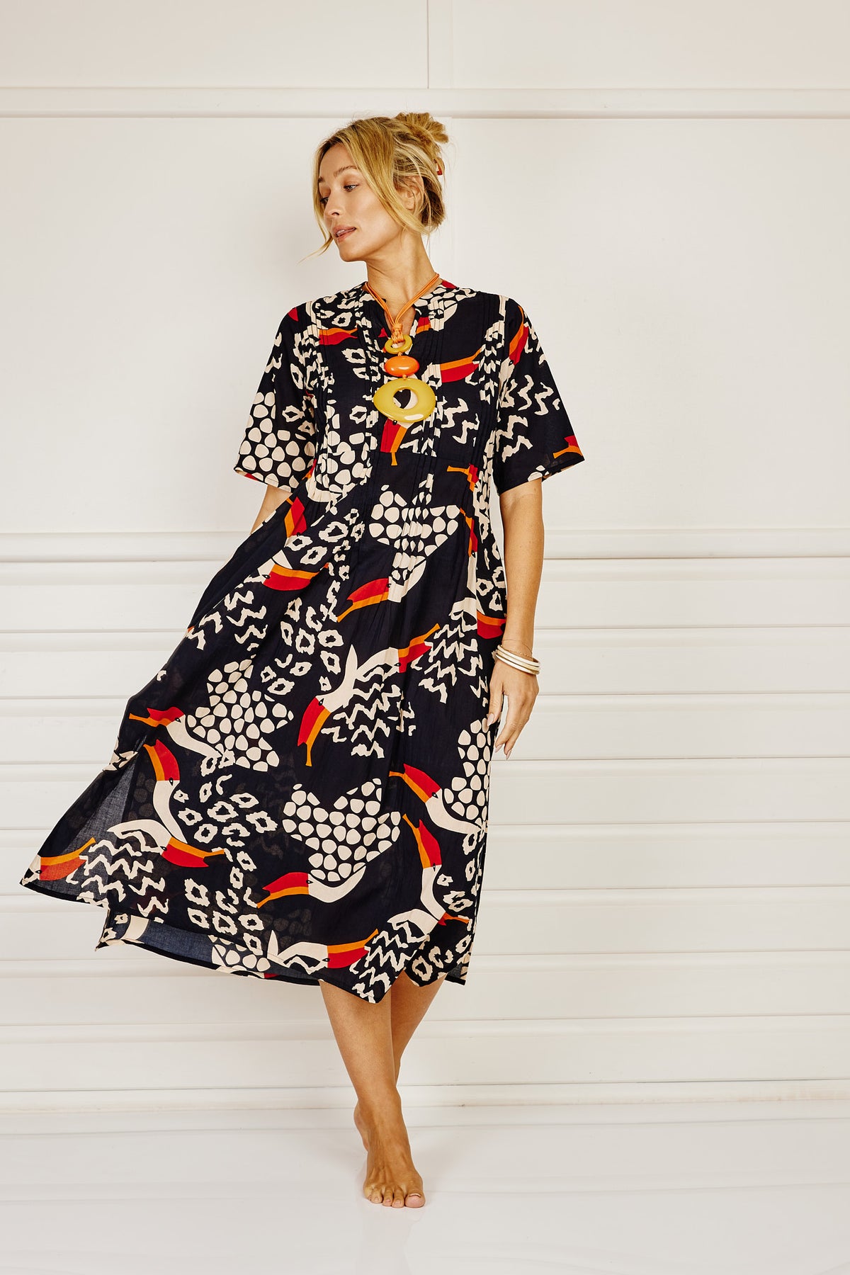 Toucan Caftan Dress -  Blue/Black - Rubyyaya