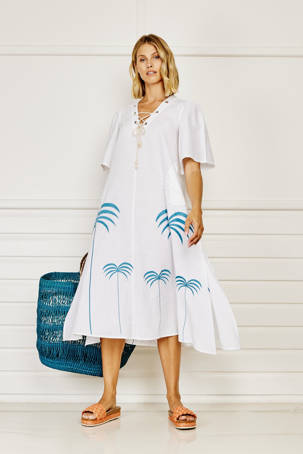 Barbados Maxi Dress - White with Blue Embroidery