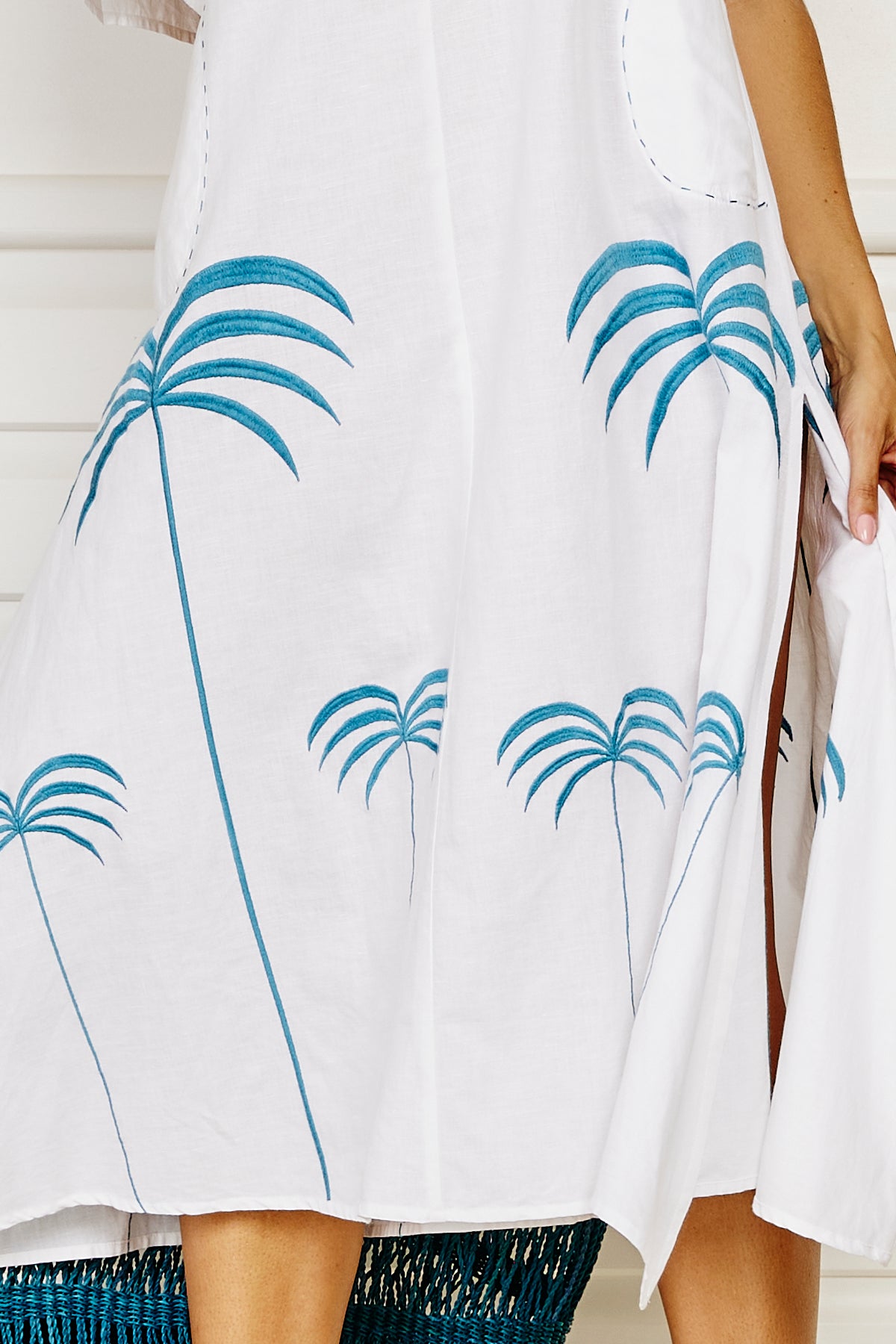 Barbados Maxi Dress - White with Blue Embroidery