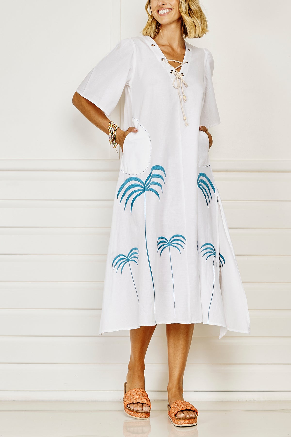 Barbados Maxi Dress - White with Blue Embroidery