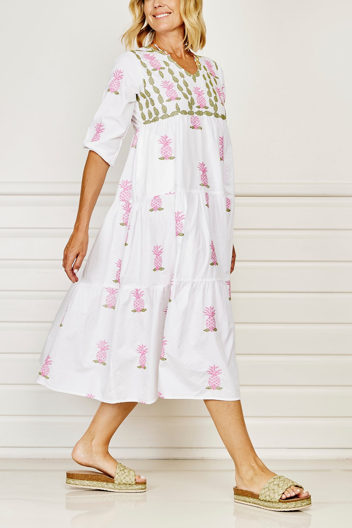 Acapulco Tiered Maxi Dress - White with Pink and Green Embroidery