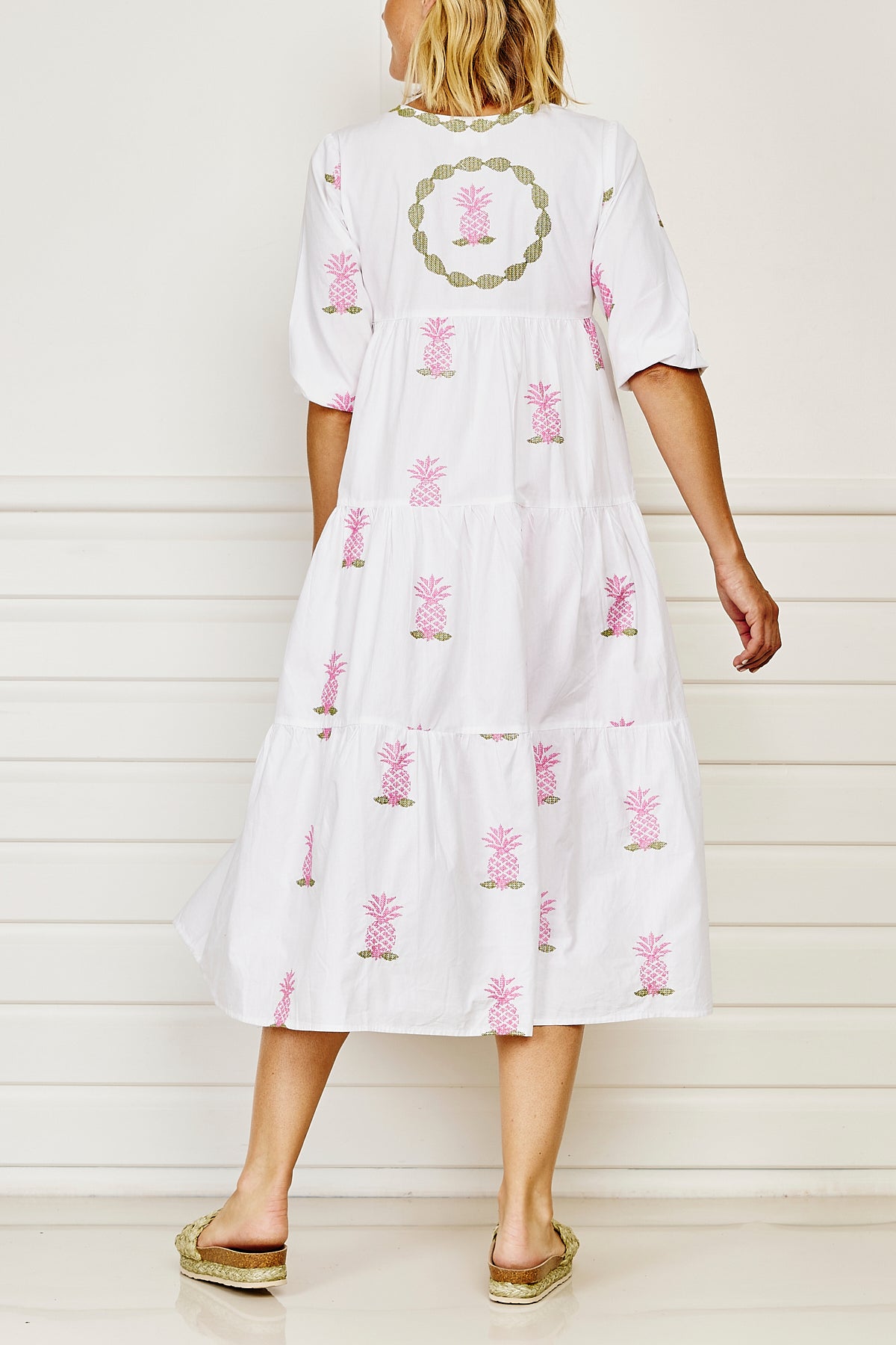Acapulco Tiered Maxi Dress - White with Pink and Green Embroidery