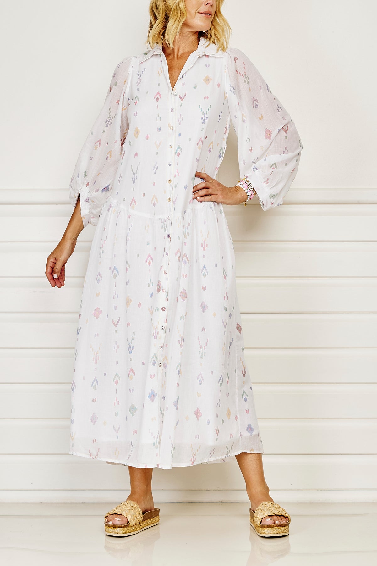 Taj Maxi Shirt Dress - White with Pastel Ikat Print