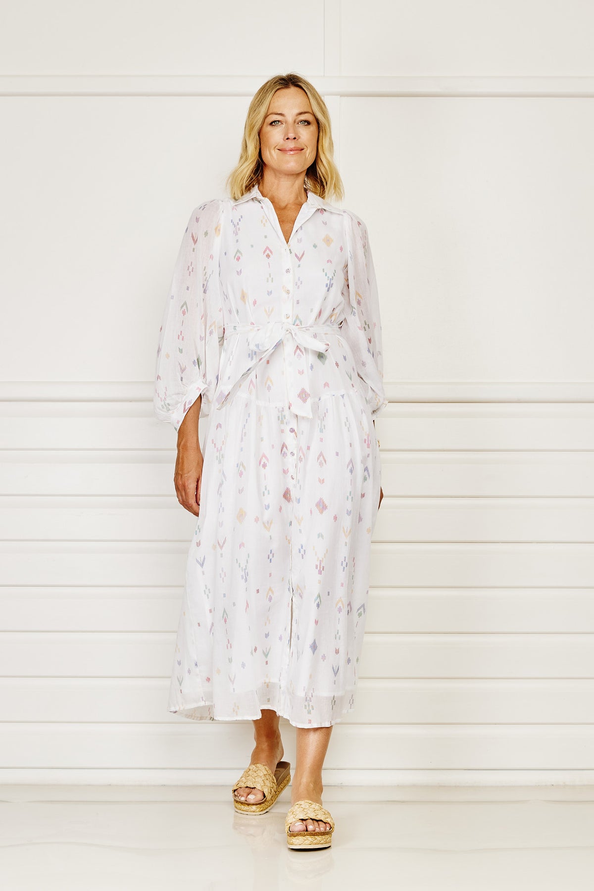 Taj Maxi Shirt Dress - White with Pastel Ikat Print