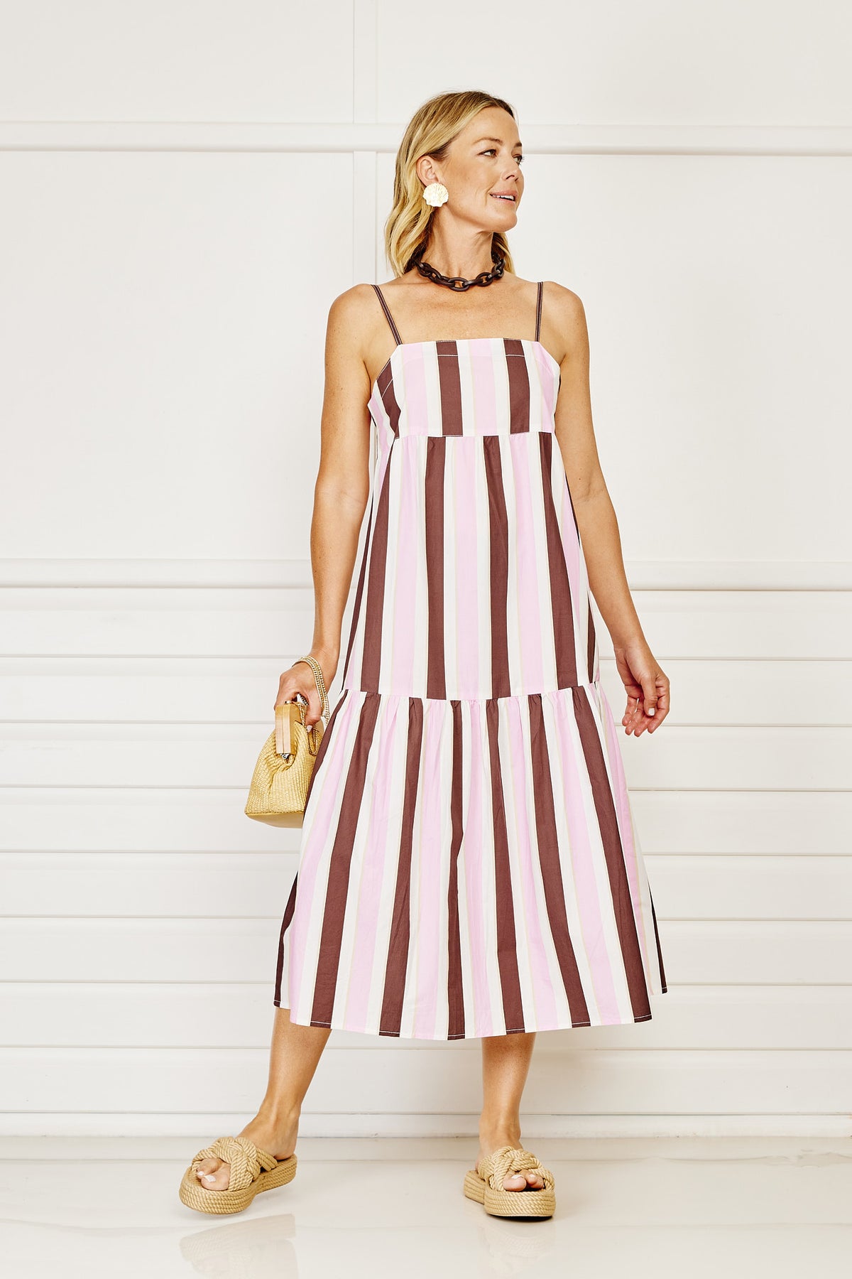 Pondicherry Maxi Sun Dress - Pink & Choc stripe