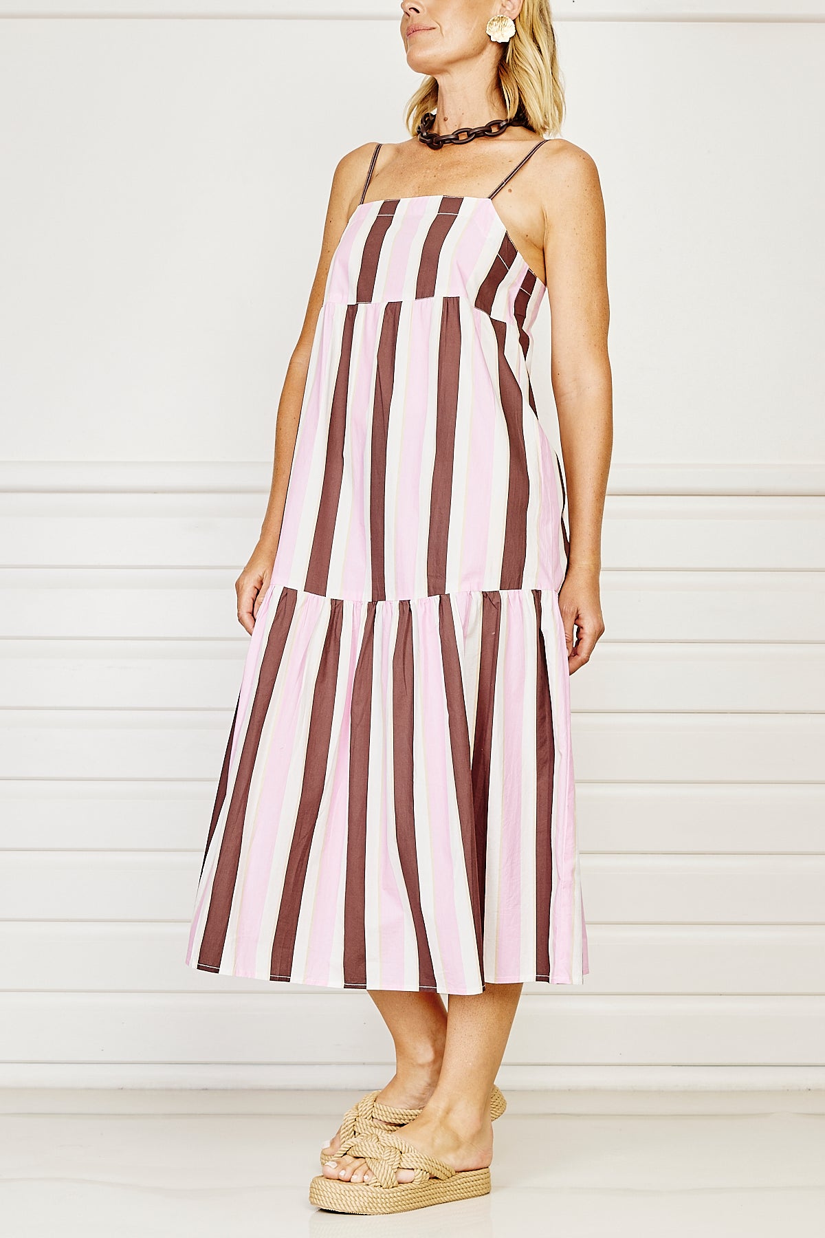 Pondicherry Maxi Sun Dress - Pink & Choc stripe