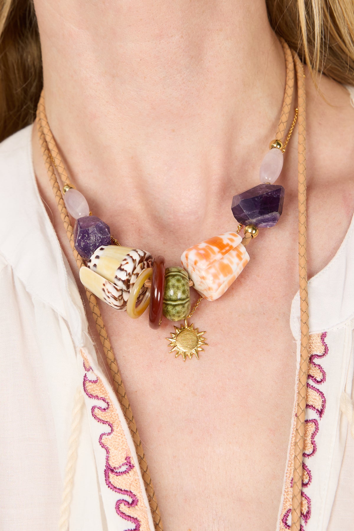 Amethyst & Shell Leather Collar