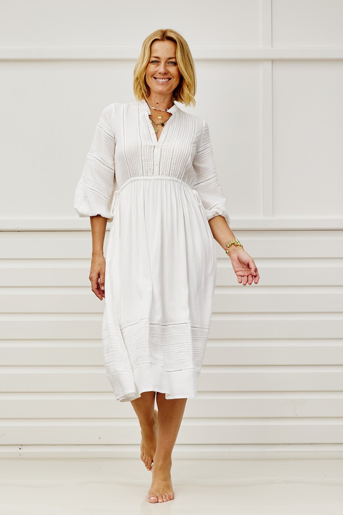 Algarve Pin-Tucked Midi Dress - Pale Ivory