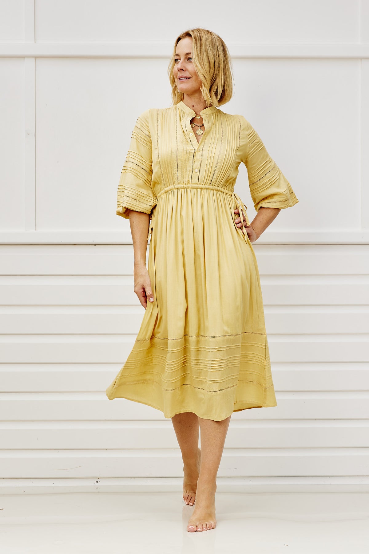 Algarve Pin-Tucked Midi Dress- Golden Sand