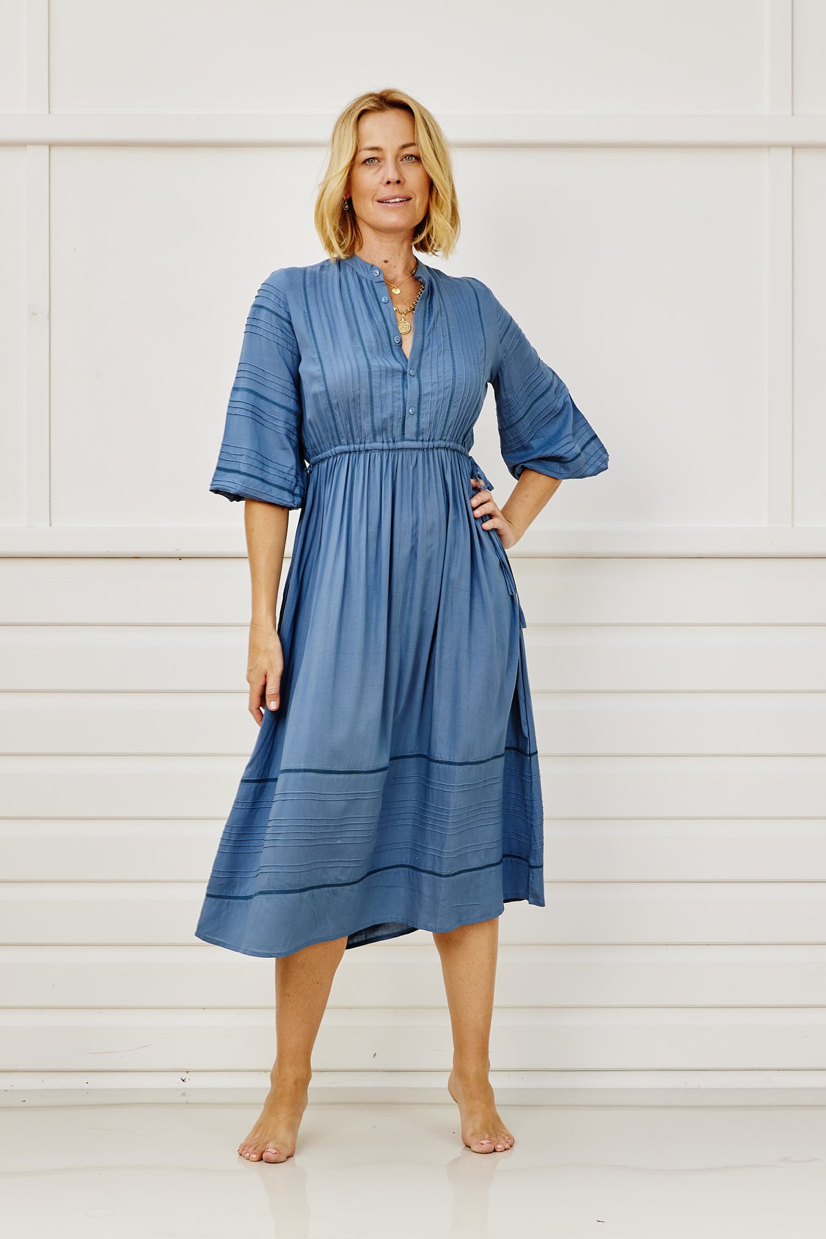 Algarve Pin-Tucked Midi Dress - Sea Blue