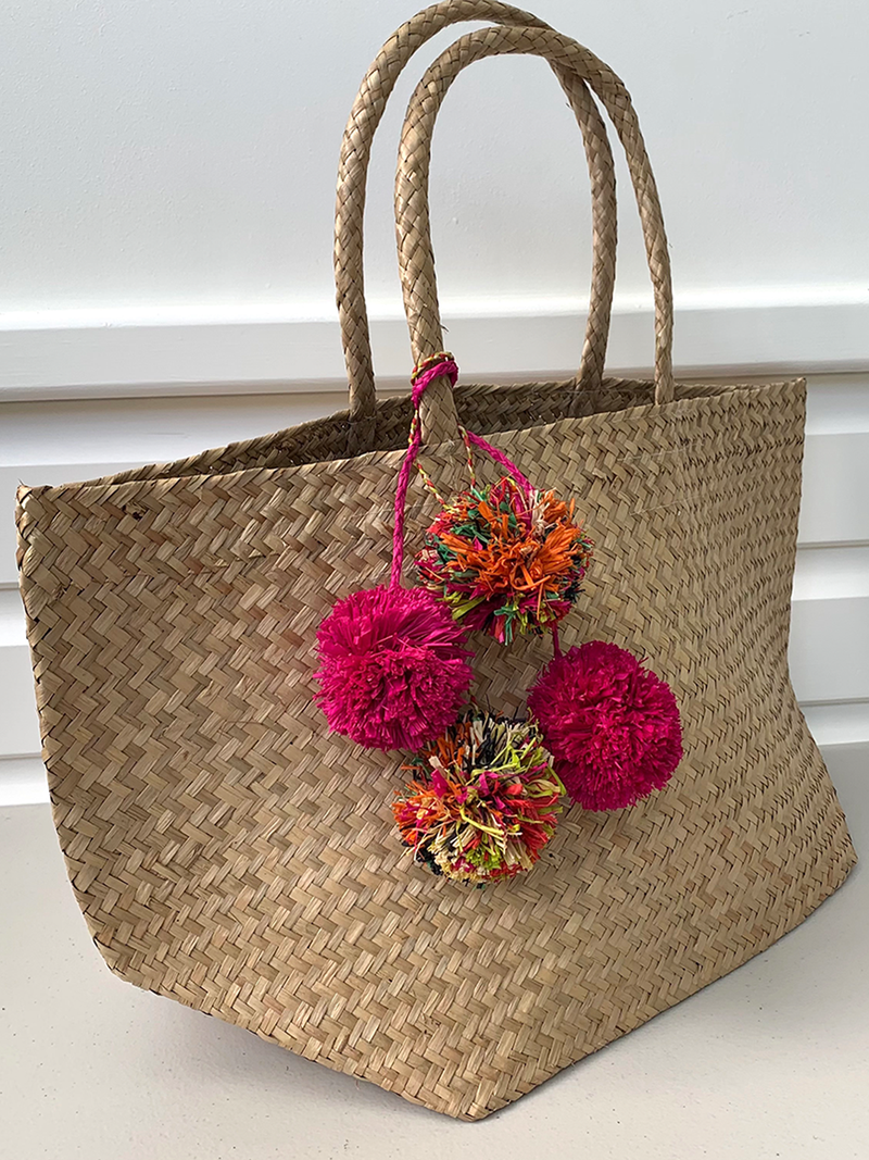 Flat-Pack Beach Basket - pink OR orange poms