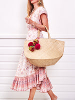 Flat-Pack Beach Basket - pink OR orange poms