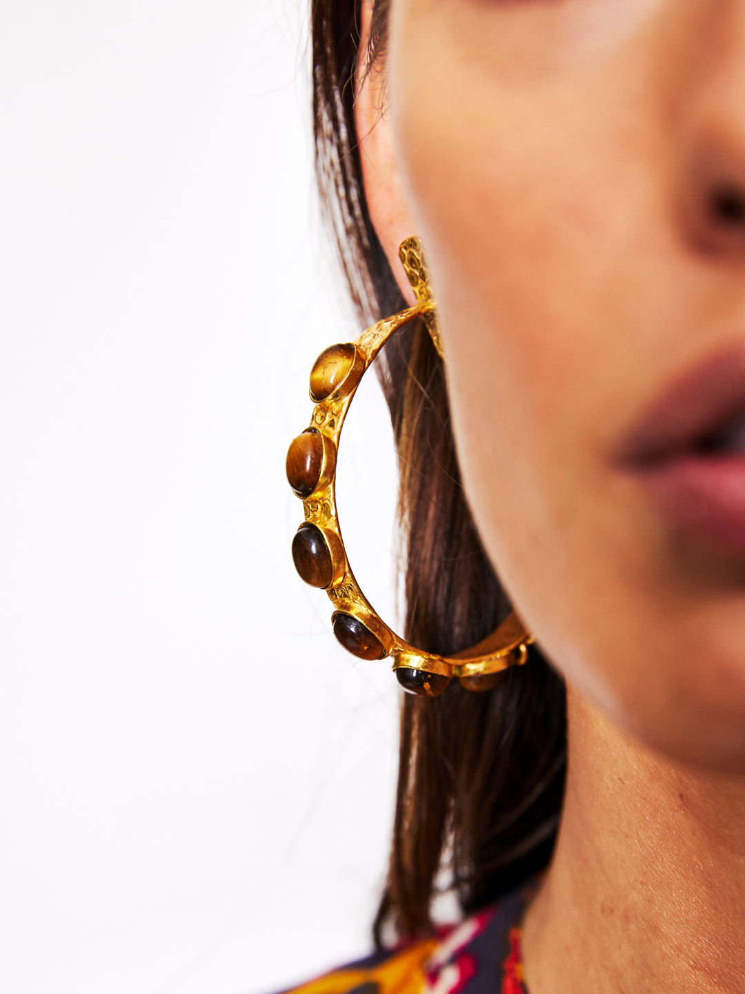 Giant Jewelled Hoop Earrings - Tigers Eye