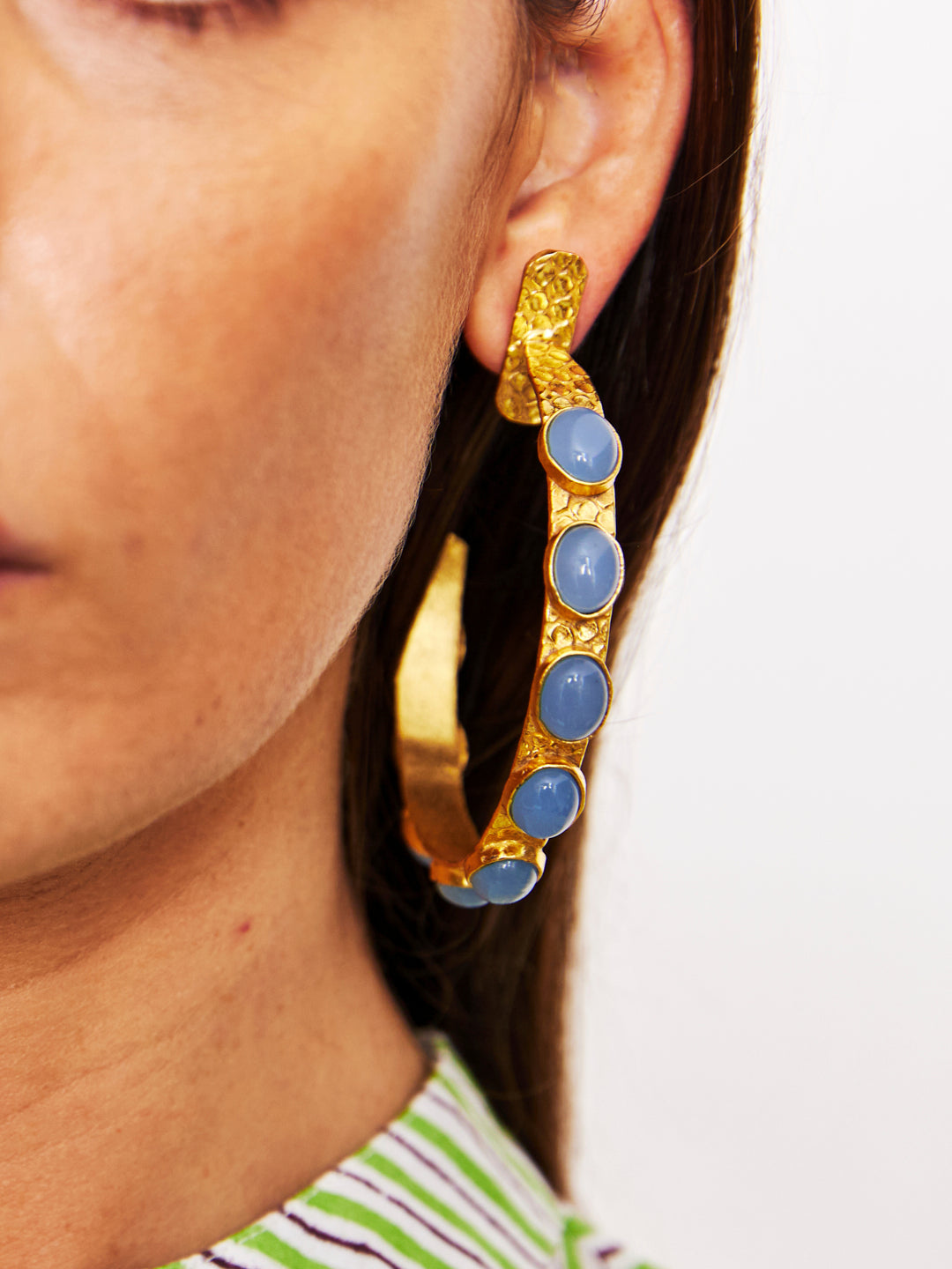 Giant Jewelled Hoop Earrings  - Blue Chalcedony