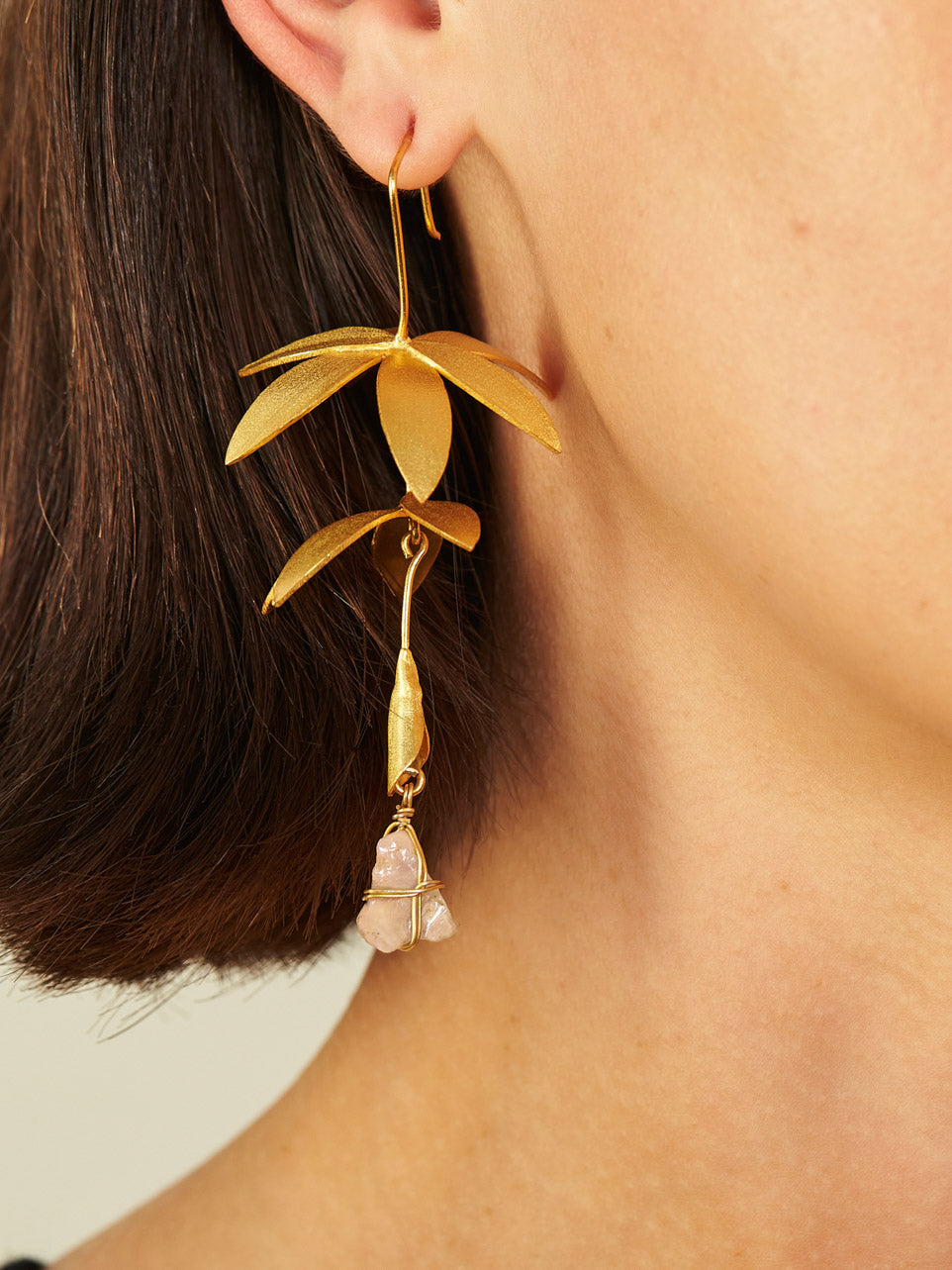 Orchid Flower Drop Earrings - Rose Quartz