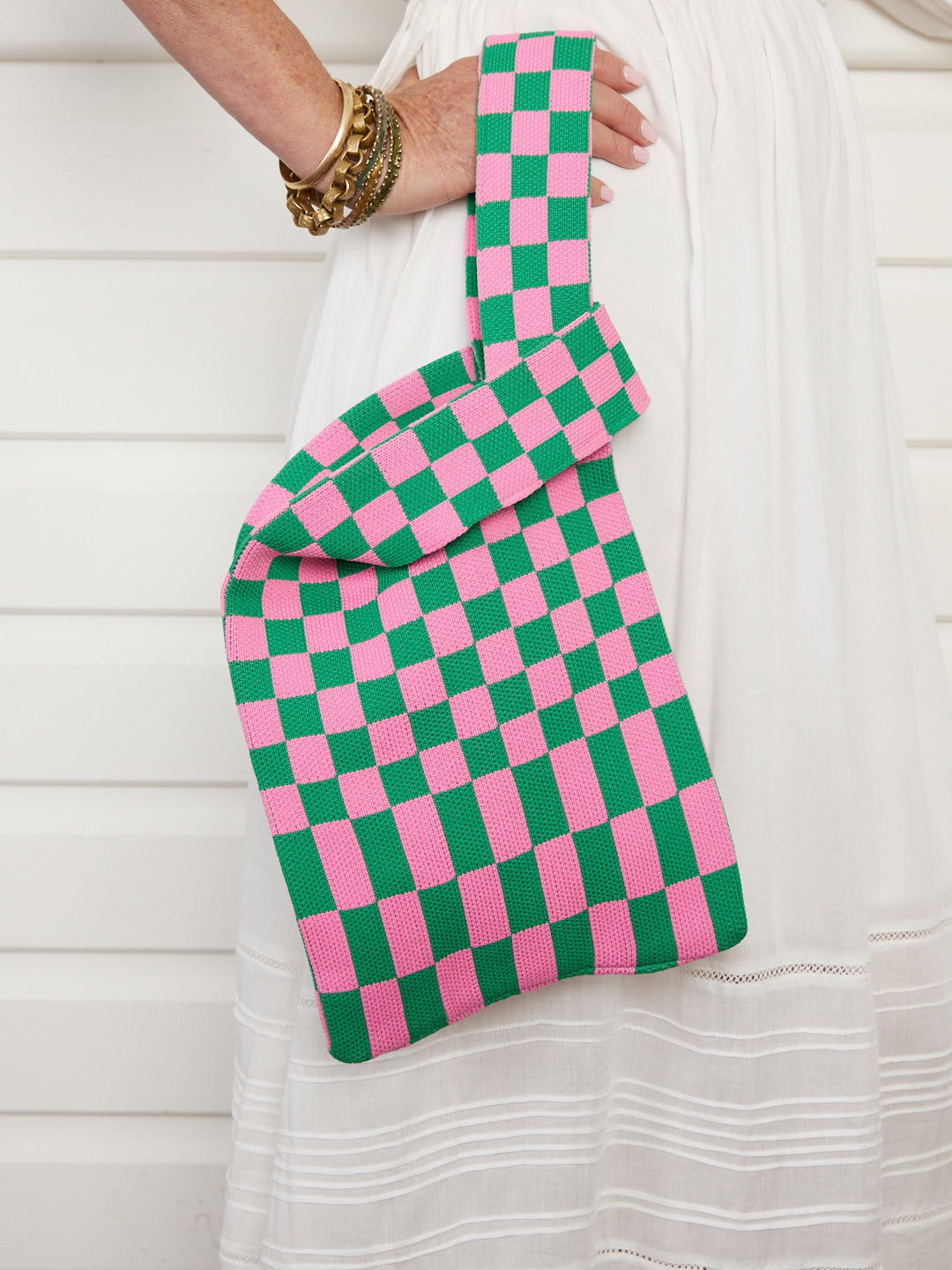A-line Knit Tote - Checkered in Pink and Green