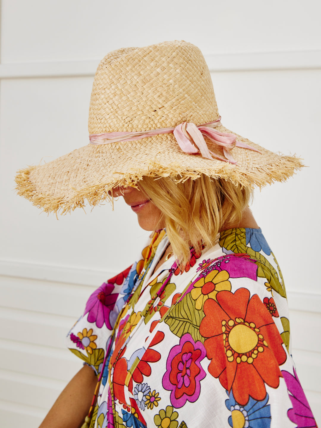 Fringed Sun Hat - Shell pink ribbon tie hatband