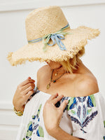 Fringed Sun Hat - ribbon tie hatbands - sea blue/green