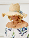 Fringed Sun Hat - ribbon tie hatbands - sea blue/green