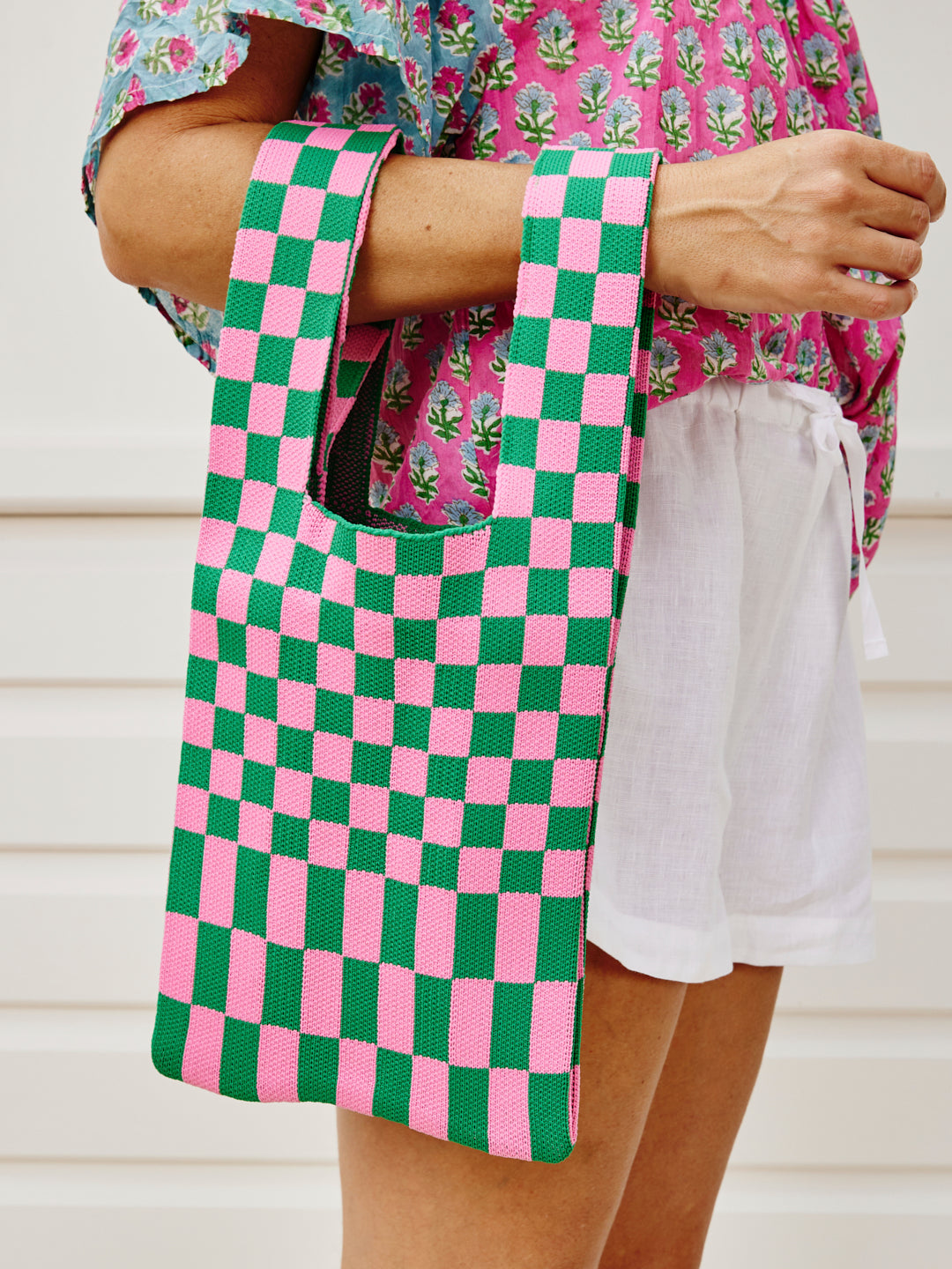 A-line Knit Tote - Checkered in Pink and Green